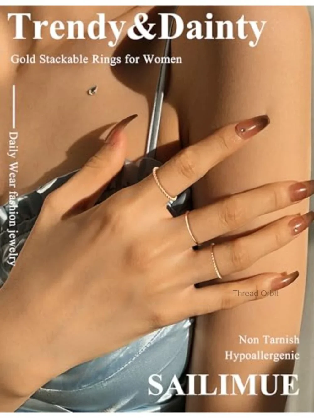 14K Gold Plated Stackable Rings Set - 5 Thin Band Rings - Waterproof Stainless